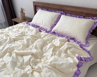 Ruffled Cotton Bedding Set: Milk & Lavender - Custom Size