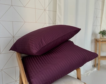 Pillowcases Plum Stripe Satine 100% Cotton, 2pcs. Twin US, Queen,King,Euro. Custom size