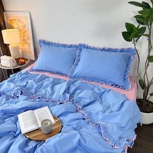 Blue/pink Bedding Set with ruffles – 100% Cotton. Full, Queen, King or custom size
