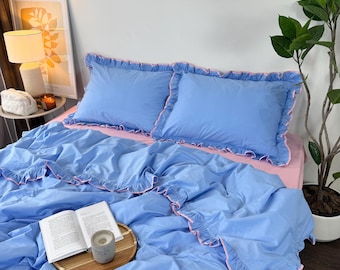 Blue/pink Bedding Set with ruffles – 100% Cotton. Full, Queen, King or custom size