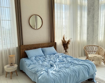Striped Bedding set full light blue  satin 100% cotton.4 Piece Set : Duvet Cover, 2 Pillowcases, Fitted Sheet or Flat Sheet