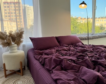 Bed linen set Plum Stripe satin 100% cotton : Duvet Cover, 2 Pillowcases, Fitted Sheet or Flat Sheet