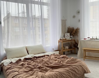 Two-Tone Cotton Bed Linen Set: Cacao/Milk, Duvet Cover and Pillowcases