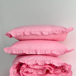 Pink Cotton Bedding Set with Ruffles – Full Size, Handmade Bed Linen