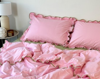 Pink/matcha Bedding Set with ruffles – 100% Cotton. Full, Queen, King or custom size