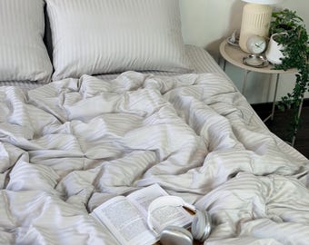 Striped bedding set, Silver 100 cotton: Duvet Cover, 2 Pillowcases, Fitted Sheet or Flat Sheet.US Twin, Full, Queen, King or custom