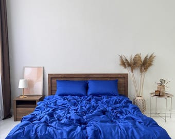 Satin bedding set in electric blue.Crafted from 100% natural cotton.Custom size available with flat or fitted sheet.Unique gift for him&her