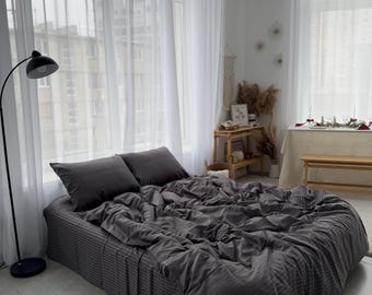 Dark Gray Stripe Cotton Satin Bedding Set: Full 4-Piece