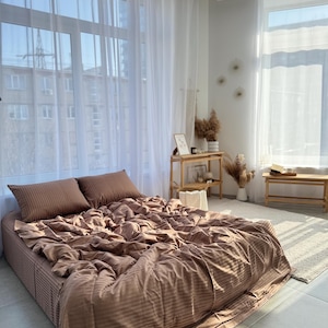Bed linen set Coffee  Stripe satin 100% cotton : Duvet Cover, 2 Pillowcases, Fitted Sheet or Flat Sheet