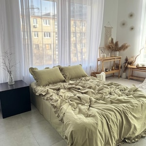 Bedding set Matcha 100% OEKO-TEX certified cotton with ruffles.4 Piece Set:Duvet Cover,2 Pillowcases, Fitted Sheet or Flat Sheet.Custom Size