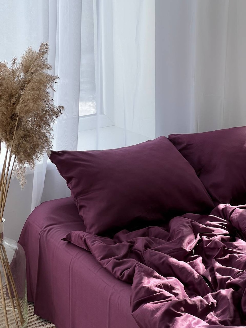 Plum Satin 100 Cotton Bedding Set 4 Pieces for Queen or King Beds