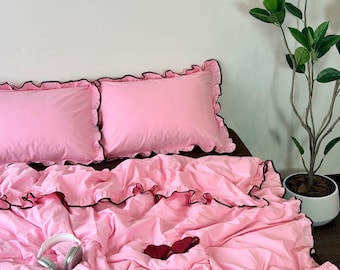 Pink/Chocolate ruffles Bedding Set – 100% Cotton, 4pcs. Full, Queen, King or custom size