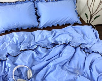 Blue/chocolate Bedding Set with ruffles – 100% Cotton. Full, Queen, King or custom size