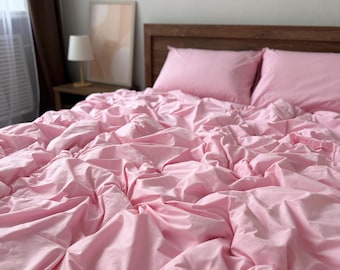 Pink Cotton Bedding Set: Soft Duvet Cover, Pillowcases, Fitted Sheet