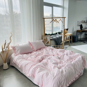 Bed linen set full 100% cotton with ruffles.4 Piece Set : Duvet Cover, 2 Pillowcases, Fitted Sheet or Flat Sheet.Custom Size