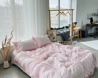 Ruffled 100% Cotton Bed Linen Set: Full Size Duvet Cover & Pillowcases