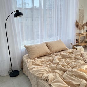 Beige striped bed linen 100% cotton.4 Piece Set : Duvet Cover, 2 Pillowcases, Fitted Sheet or Flat Sheet. Custom size
