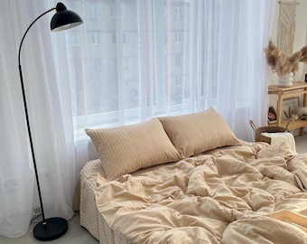 Beige Striped Cotton Bed Linen Set: 4-Piece, Sateen Finish
