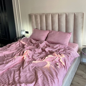 Pink Stripe Satin 100% cotton bedding set: Duvet Cover, 2 Pillowcases, Fitted Sheet or Flat Sheet