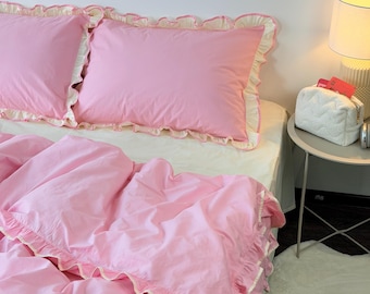Pink/cream Bedding Set with ruffles – 100% Cotton. Full, Queen, King or custom size