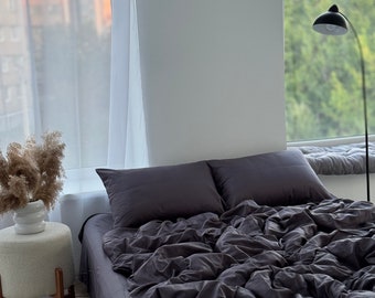 Luxurious Satin Bedding Set in Dark Gray - 100% Cotton - Queen, King, Custom Sizes Available