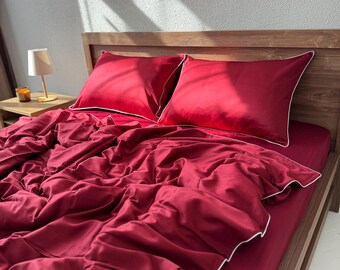 Red Satin Bedding Set: 100% Cotton Duvet Cover, Pillowcases, Fitted Sheet