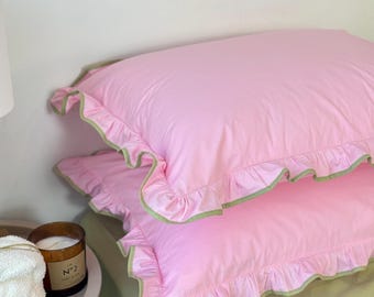Pillowcases 2pcs pink/matcha,  ruffles,  100% Cotton. Twin US, Queen,King,Euro. Custom size