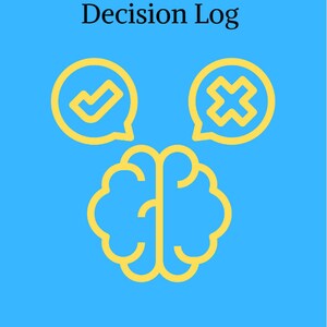 May include: A yellow brain with a check mark and an X in speech bubbles above it. The text "Decision Log" is at the top of the image.