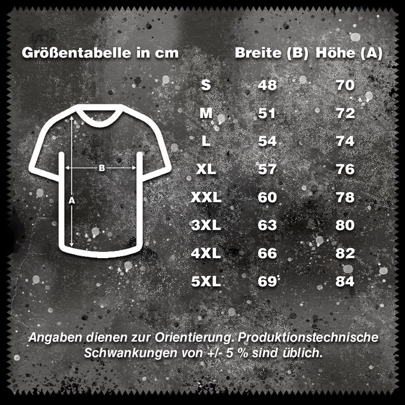May include: Size chart for a t-shirt in centimeters. The chart shows the width and height of the shirt in centimeters for sizes S through 5XL. The chart also includes a diagram of a t-shirt with the measurements labeled.