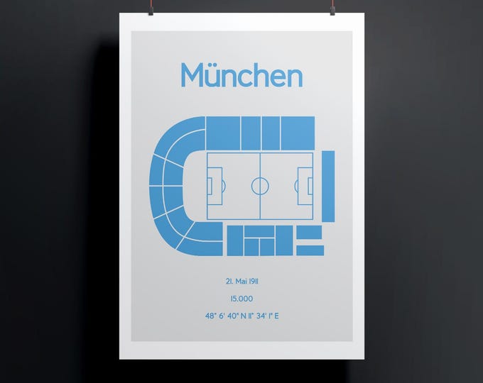 Minimalistic illustrated football stadium, poster design for home and office, Munich, stadium on Grünwalder Straße