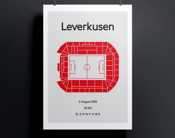Minimalistic illustrated football stadium, poster design for home and office, Leverkusen, BayArena