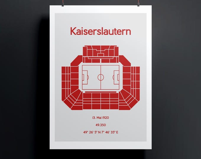 Minimalistic illustrated football stadium, poster design for home and office, Kaiserslautern, Betzenberg, Fritz-Walter