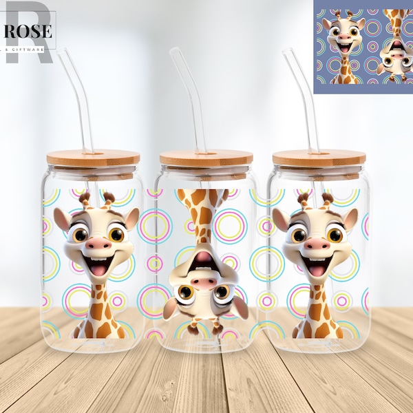 Giraffe 16 Oz Libbey Glass Can Wrap Png Sublimation Digital Instant Download, Cartoon Libbey Png, Glass Cup, Coffee Cup, Glass Jar