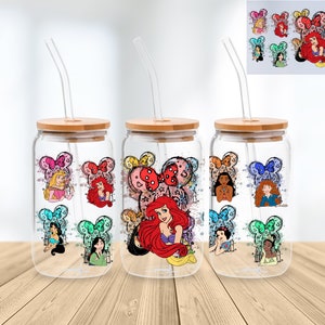 Princess 16 Oz Libbey Glass Can Wrap Png Sublimatie Digitale Instant Download, Cartoon Libbey Png, Glazen Beker, Koffiekopje, Glazen Pot