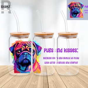 Instant Digital Download - Pug & Kisses 16 Oz Libbey Glass Can Wrap Png