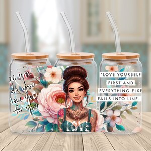 Self Love 16 Oz Libbey Glass Can Wrap Png Sublimation Digital Instant Download, Cartoon Libbey Png, Glass Cup, Coffee Cup, Glass Jar
