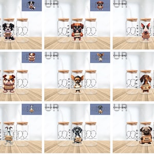 May include: Nine glass jars with bamboo lids and straws, each featuring a different cartoon dog breed with a humorous jailbird theme. The dogs are labeled with their breed names, such as "Bulldog" and "Puggy".