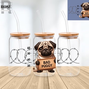 Pug Dog 16 Oz Libbey Glass Can Wrap Png Sublimation Digital Instant Download, Cartoon Libbey Png, Glass Cup, Coffee Cup, Glass Jar