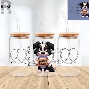 Border Collie Dog 16 Oz Libbey Glass Can Wrap Png Sublimation Digital Instant Download, Cartoon Libbey Png, Glass Cup, Coffee Cup, Glass Jar