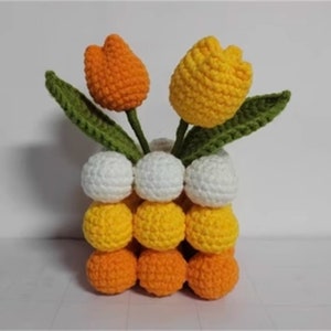 Hand Knit Tulip Bouquet Rubik&#39;s Cube Arrangement Woolen Flower Crochet for Girlfriend Homemade Gift