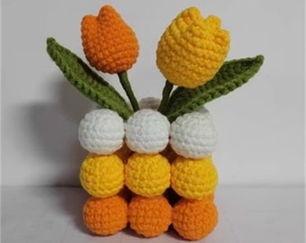 Hand Knit Tulip Bouquet Rubik's Cube Arrangement Woolen Flower Crochet for Girlfriend Homemade Gift