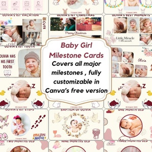 Cartes d'étape imprimables pour bébé fille | Cartes souvenir de bébé florales et personnalisables | Cartes-photos roses d'étape importante de bébé | Cadeau baby shower
