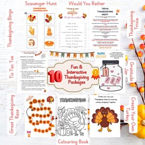 Bundel met afdrukbare games voor Thanksgiving | Thanksgiving-kinderactiviteiten | Leuke familiespellen | Trivia Thanksgiving | Kleurboek dankbaarheid en bingo