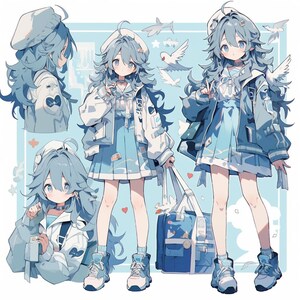 Könnte beinhalten: Illustration einer Figur in einem hellblauen Outfit, einschließlich Jacke, Rock und Turnschuhen. Die Figur hat hellblaues Haar und trägt einen Hut. Der Hintergrund zeigt Tauben und Flugzeuge.