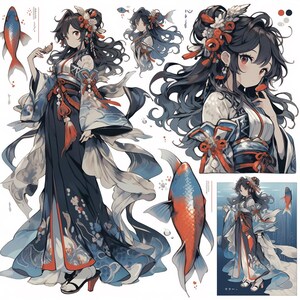 Peut inclure: Illustration de style anime d'une femme en kimono japonais traditionnel. Le kimono est principalement bleu marine avec des accents blancs et bleu clair, et des accents rouges. La femme a de longs cheveux noirs et est ornée d'accessoires floraux pour les cheveux. Un poisson rouge et bleu est également représenté.