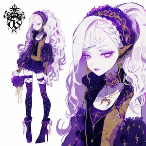 May include: Illustration of a character in a dark purple and gold outfit with long white hair. The character wears a headband, choker, and high-heeled boots. A small purple purse is held in the left hand. The style is reminiscent of anime or manga.