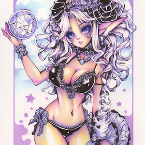 May include: A colorful illustration of a female character with purple hair, black horns, and blue eyes. She is wearing a black bikini with lace trim and holding a crystal ball in one hand. The background is a purple and blue gradient with stars and clouds.