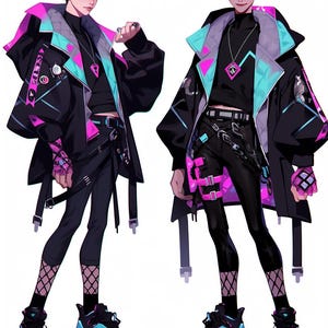 Peut inclure: Deux illustrations d'une personne portant une veste noire avec des accents roses et turquoise, un pantalon noir et des baskets. La veste présente un motif géométrique et les baskets ont des détails roses et turquoise. La personne porte un haut noir et des bas résille.