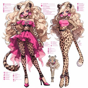 May include: Two illustrations of a cheetah-themed character with blonde hair and blue eyes. One wears a pink dress and the other a cheetah print jumpsuit. Both have cheetah print leggings and high heels. A small cheetah illustration is at the bottom.
