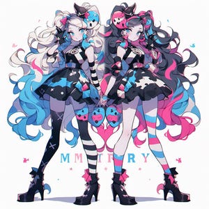 May include: Illustration of two anime-style figures with long hair in black, white, pink, and blue. They wear matching black dresses with blue and white accents, striped stockings, and high-heeled boots. The word "MMFRY" is visible. The image has a vibrant, cartoonish style.
